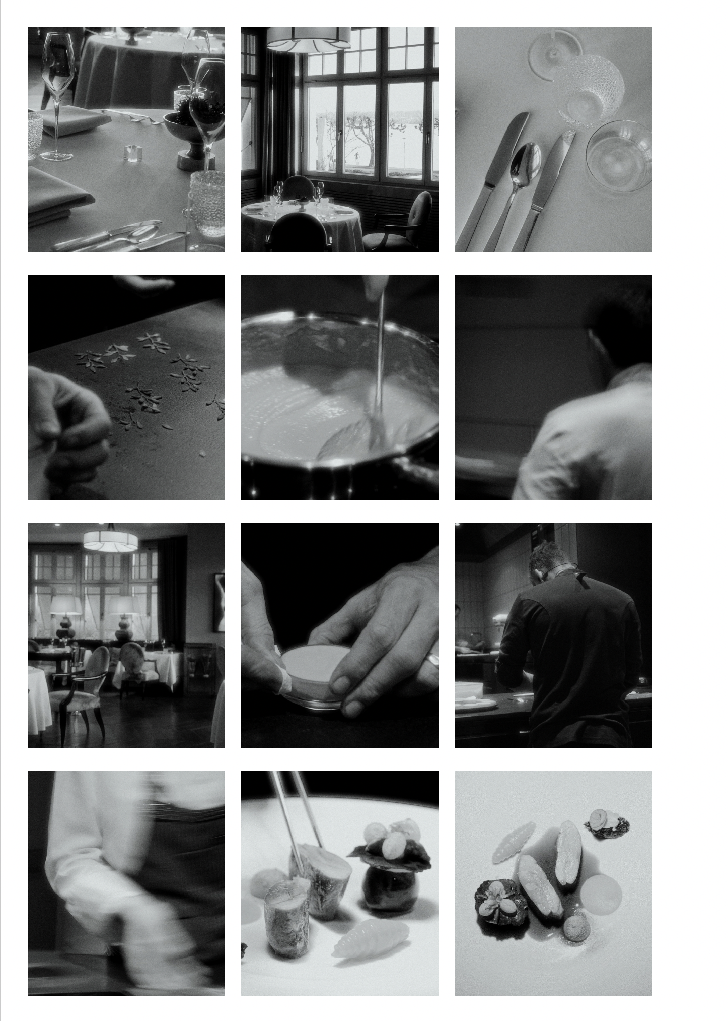 Das Bild zeigt sechs Fotografien mit Detailaufnahmen aus einem Sterne-Restaurant