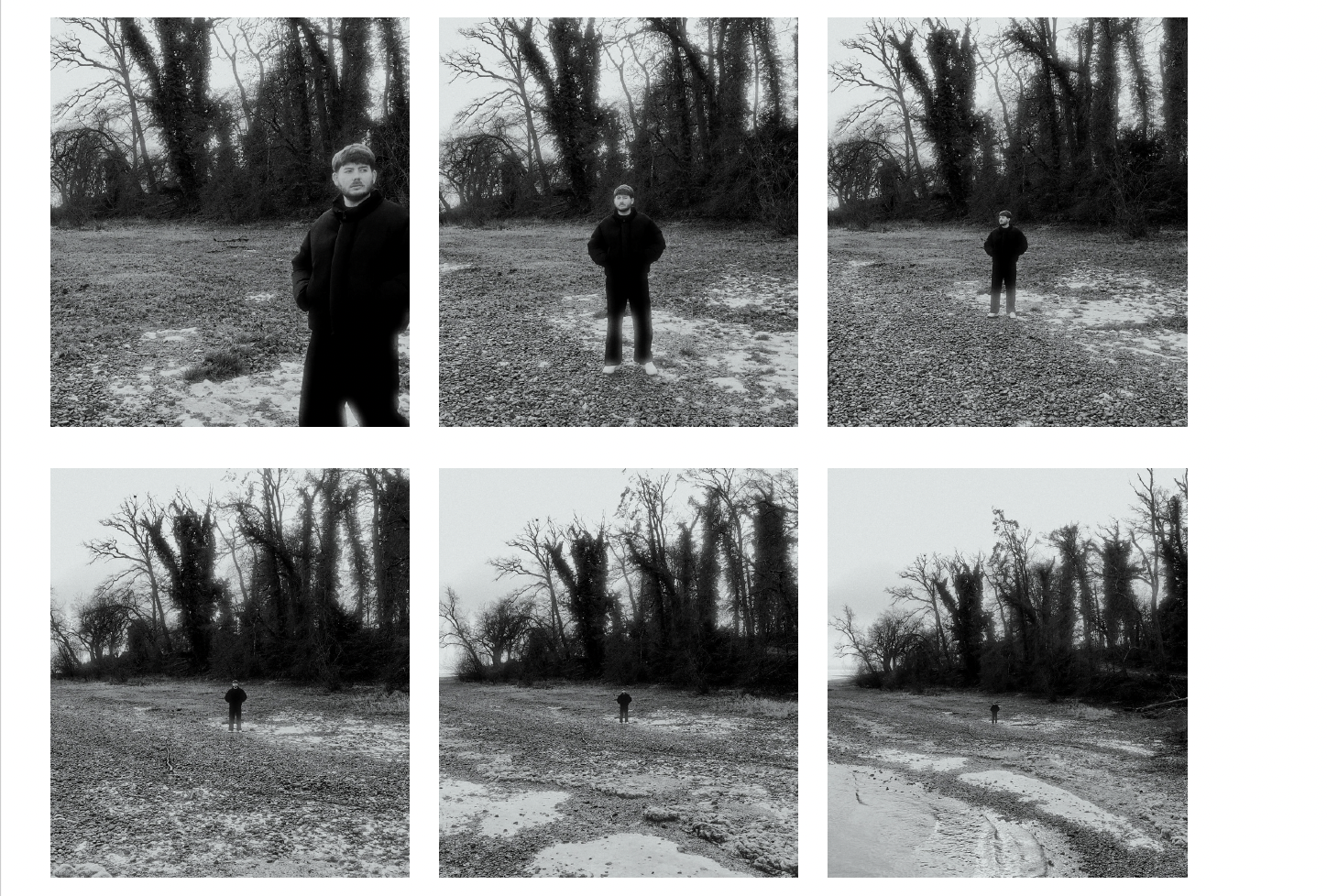 Das Bild zeigt sechs Fotografien des Studenten, ein mit einer Drohne aufgenommenes Porträt, das sich immer weiter entfernt