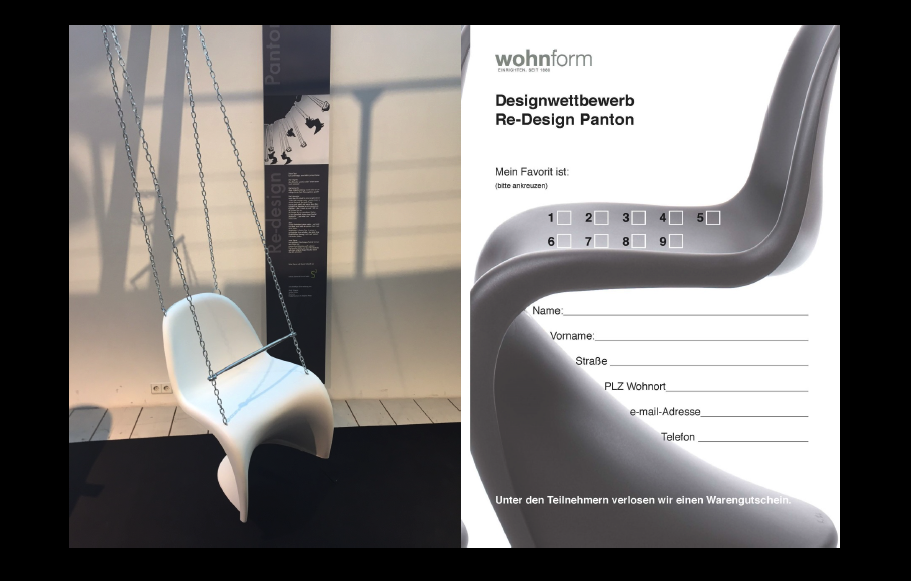 Ein re-designer Panton Chair mit Auslobungstext