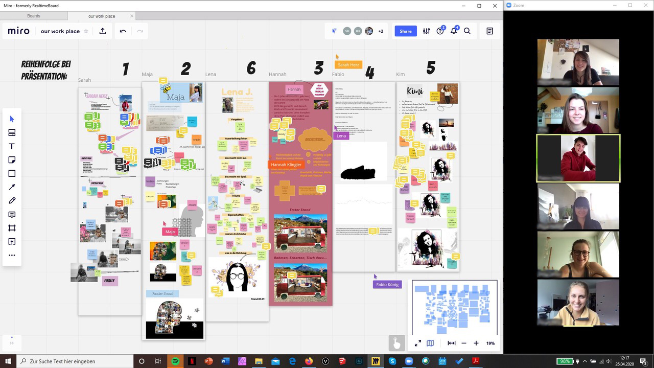 Bildschirmfoto aus Online-Plattform "Miro" und Videokonferenz der Studenten