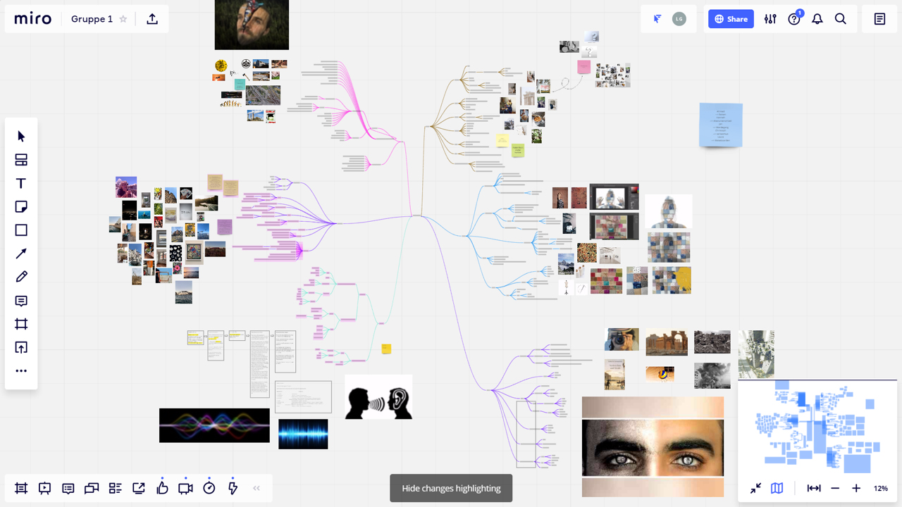 Bildschirmfoto aus Online-Plattform "Miro" und Videokonferenz der Studenten