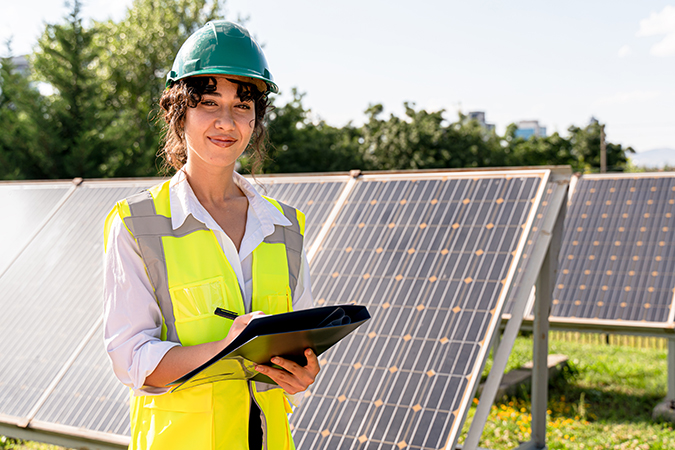 Frau steht mit einer Mappe vor Solarpanelen