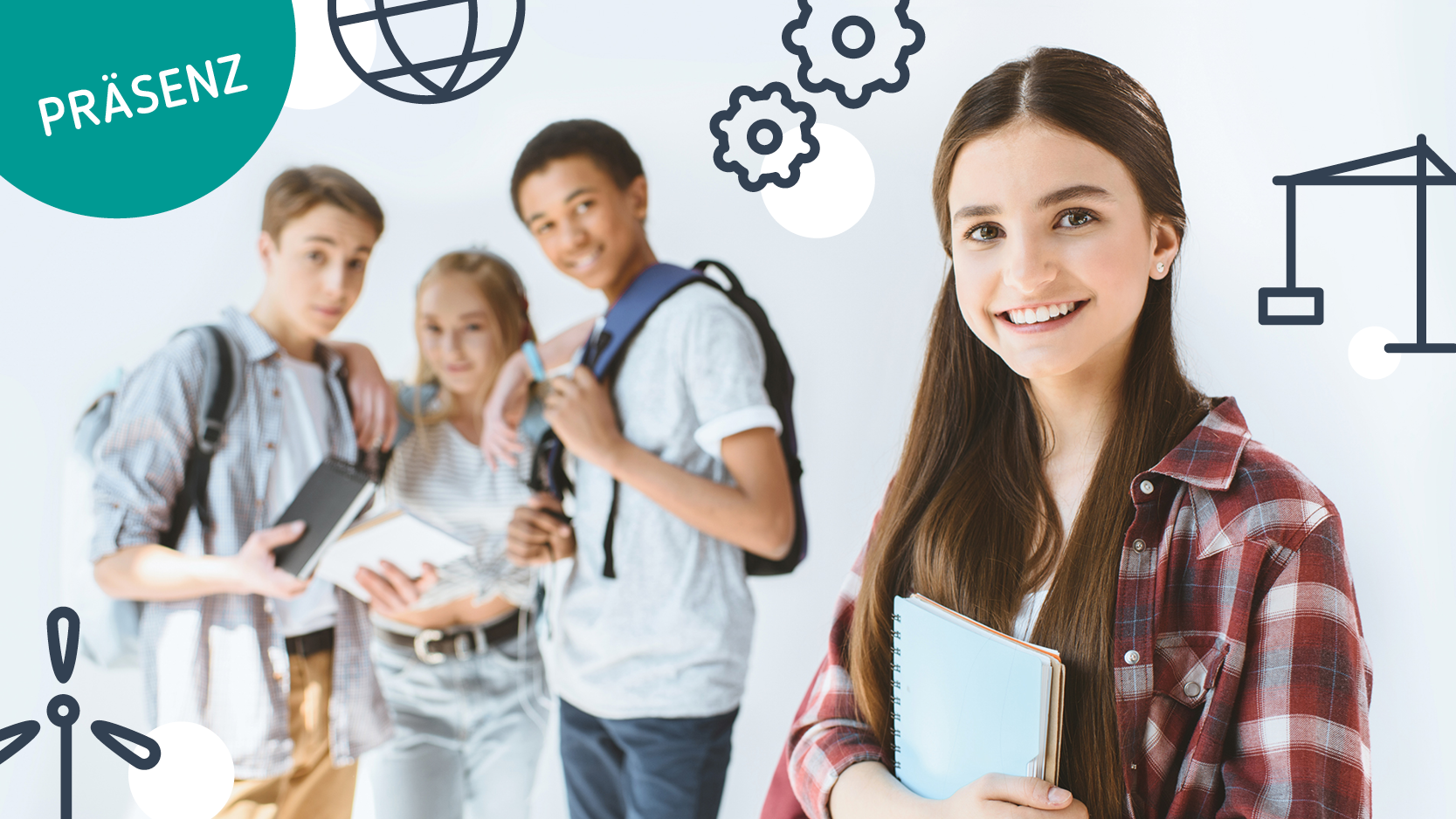 Text oben links: "Präsenz"; Mehrere Personen mit Material in den Händen, im Vordergund verschiedene Symbole