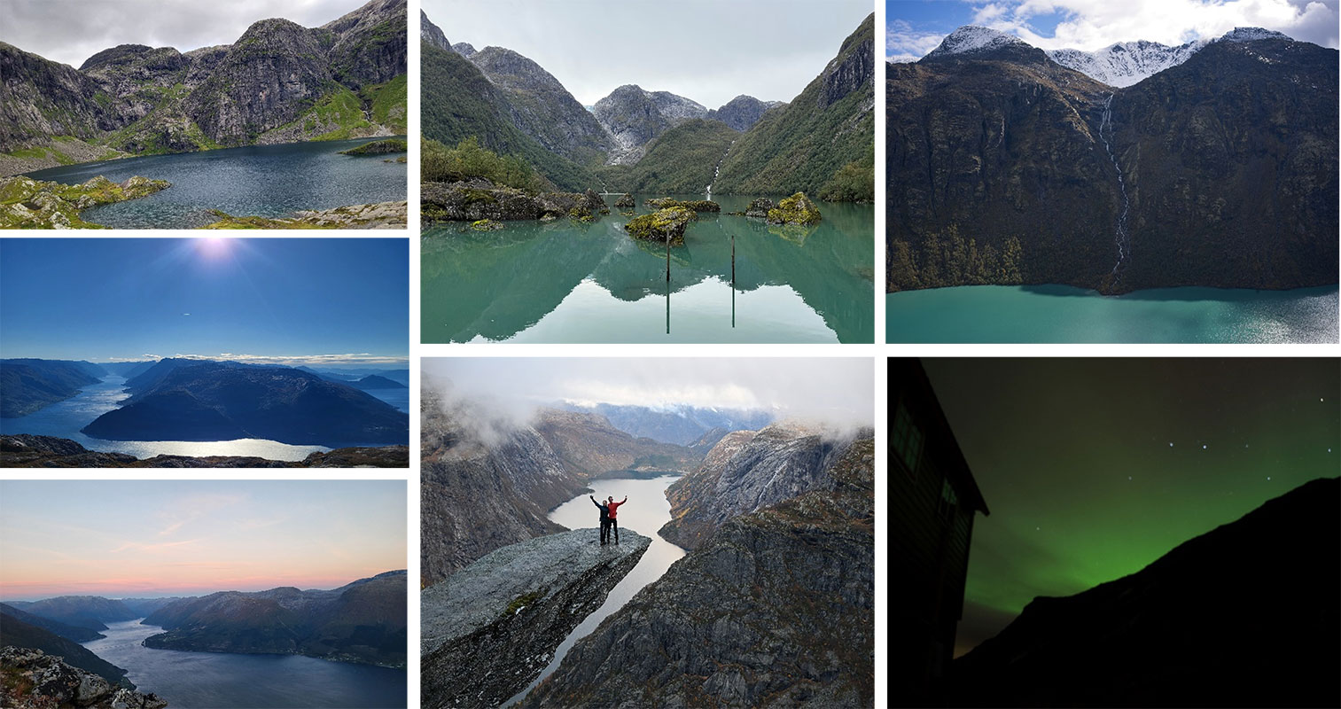 Collage aus 7 Bildern mit Seen und Bergen Norwegens