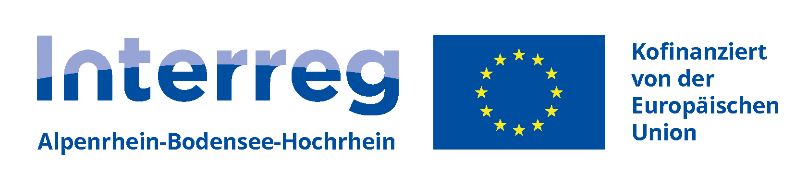 Logos der Projektträgerschaft: Interreg Alpenrhein-Bodensee-Hochrhein sowie die Europäische Flagge mit "Kofinanziert von der Europäischen Union"
