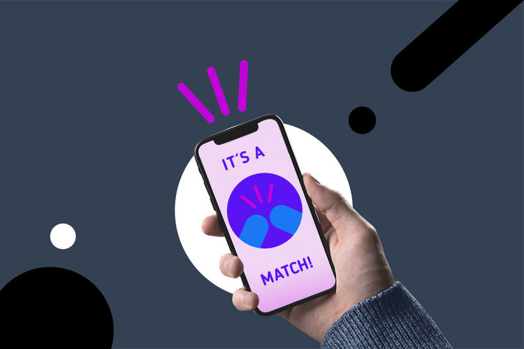 eine Hand hält ein Smartphone, auf dem Screen steht "It's a match" plus ein Symbol, im Hitergrund des Bildes sind Punkte und Linien