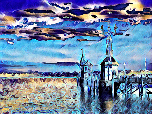 künstlerisch dargestellt: Konstanzer Imperia am Wasser mit Steg, Wolken am Himmel