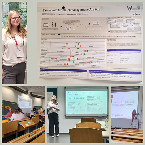 Fotocollage: in der oberen Hälfte ist links eine Person zu sehen, daneben ein Poster zu "Taxonomie für Datenmanagement-Ansätze"; darunter ist ein Foto Präsentation, die Teilnhmenden sind von hinten zu sehen; in der Mitte ist die wieder die Person zu sehen, neben ihr eine Folie zu ihrer Präsentation; rechts ist die Beamerprojektion "20. Internationel Tagung WIRTSCHAFSTINFORMATIK" zu sehen.