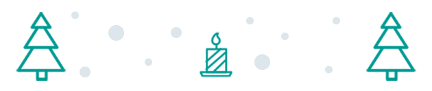 Drei grüne Icons von links nach rechts, dazwischen graue Punkte in unterschiedlichen Größen: Tannenbau, Kerze, Tannenbaum