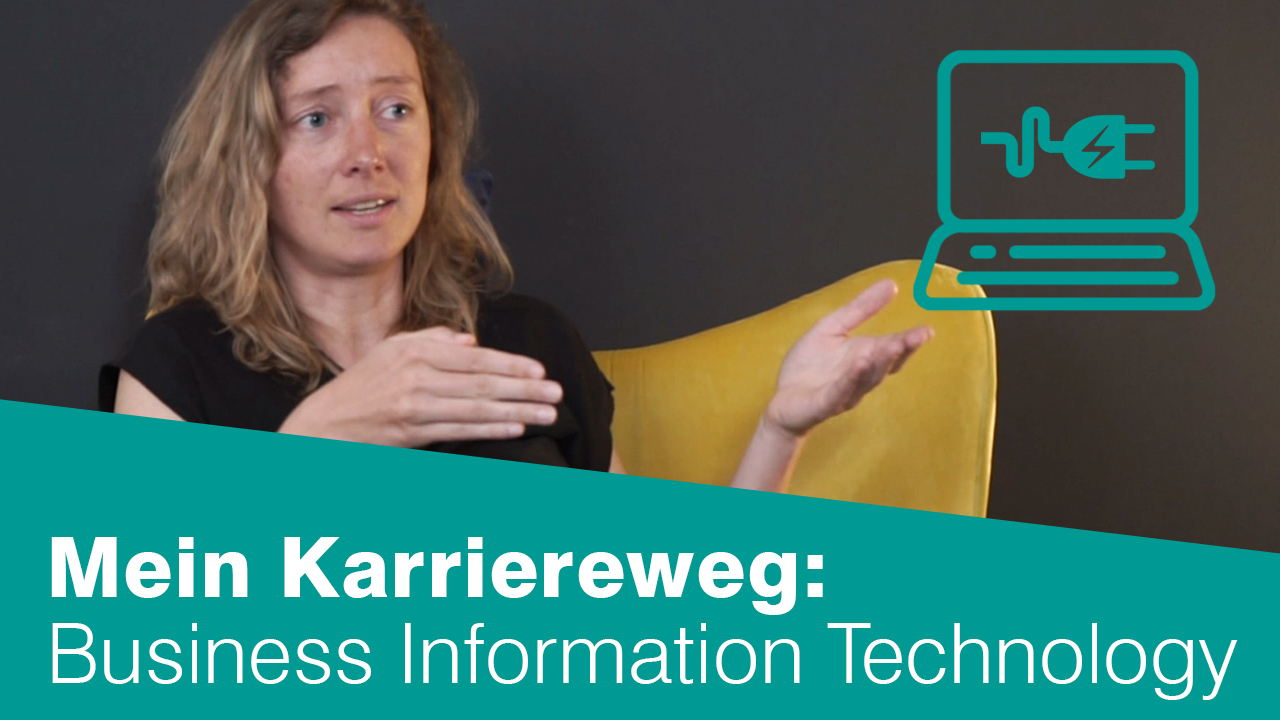 junge Frau, Symbol Laptop mit Stromkabel, sowie Text "mein Karriereweg Business Information Technolgy"