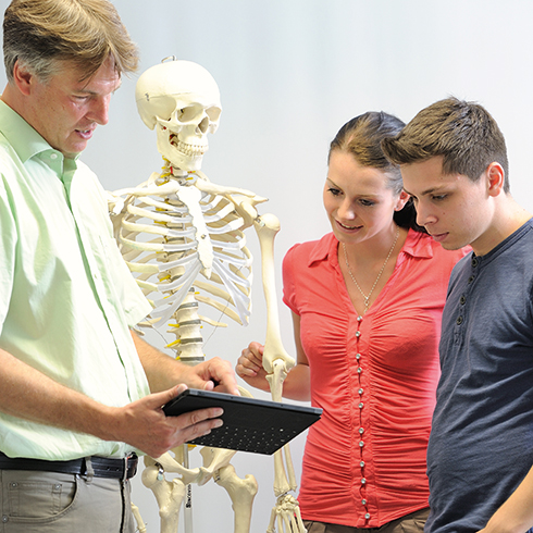 Professor erklärt Gesundheitsinformatik-Studierenden menschliche Anatomie am Tablet vor Skelett