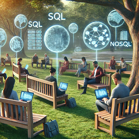 In einem Park mit großen Bäumen stehen mehrere Holzbänke vertreut. Auf den Bänken sitzen Menschen, die an einem Laptop arbeiten. Darüber sind Weltkugeln, Netze, Tabellen, SQL und NOSQL eingeblendet.