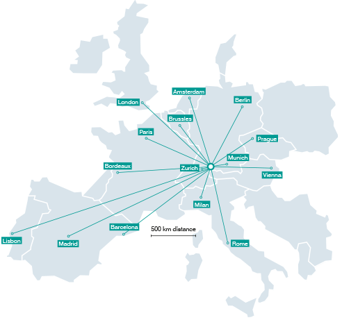 Map of Europe with Konstanz, Germany