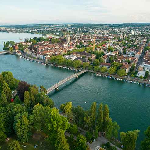 Birds eye view of Constance in the EUREGIO Bodensee region (Germany, Switzerland, Austria, Liechtenstein)