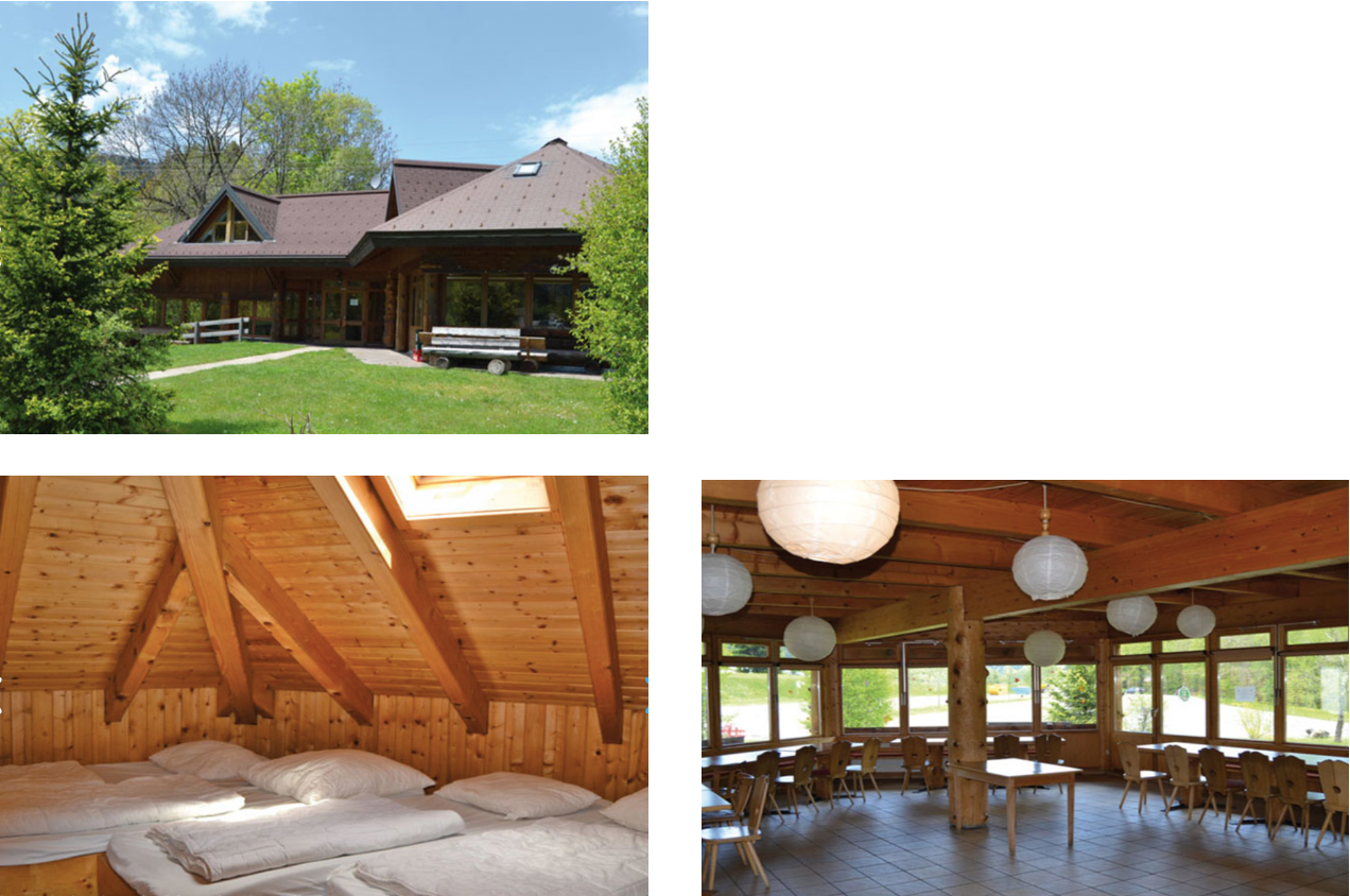 Drei Bilder der angemieteten Hütte: Blick von außen auf die Hütte als Ganzes, Schlafbereich und Essbereich