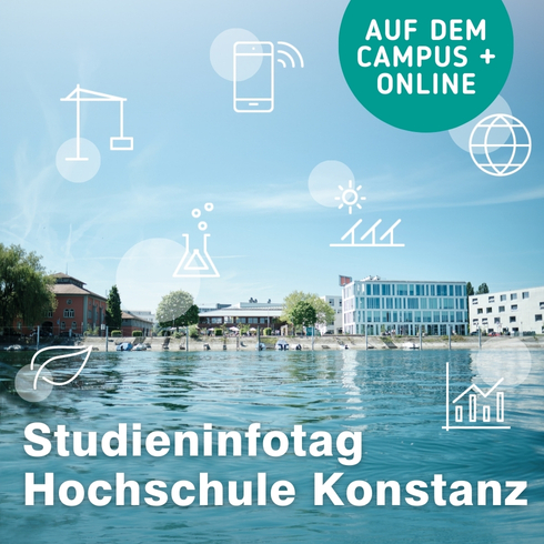 Campusansicht von der gegenüberliegenden Rheinseite im Sonnenschein als Werbebild für den Studieninfotag