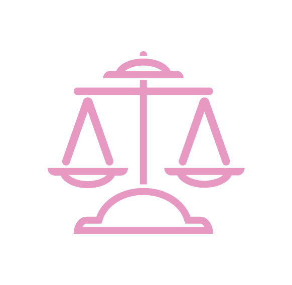 A minimalist-style illustration on the theme of equality. It depicts a set of scales. The illustration has a soft, friendly feel, with pink outlines on a white background.
