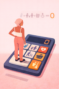 Bild von einer Frau auf einem Taschenrechner als Symbol für die Carearbeit.