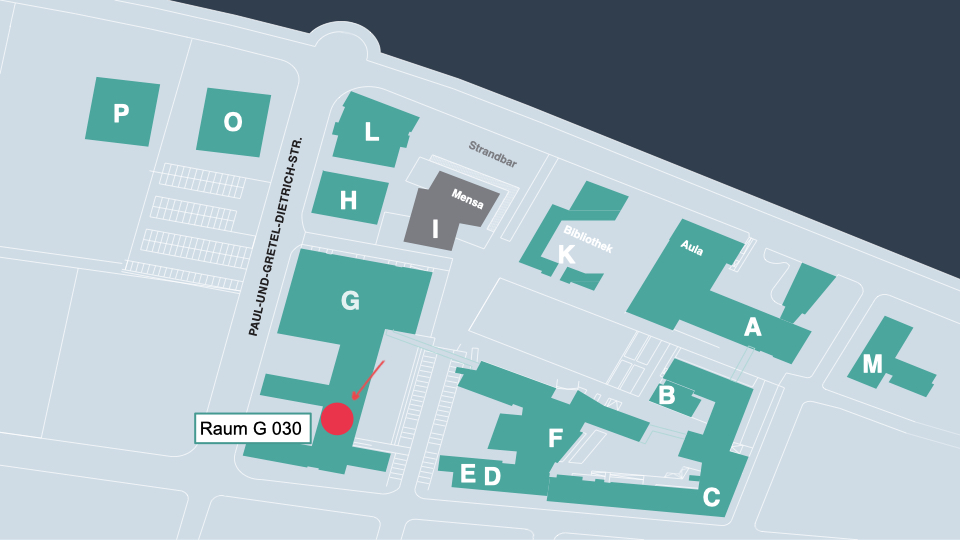 Campus Plan auf dem das G-Gebäude markiert ist. 