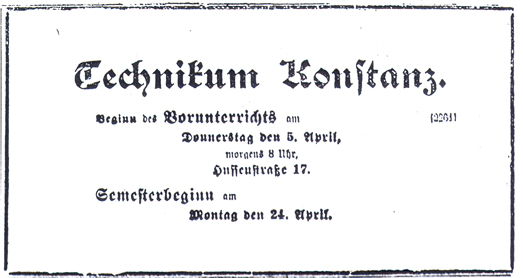 Zeitungsannonce zum allerersten Semesterbeginn am 24. April 1906