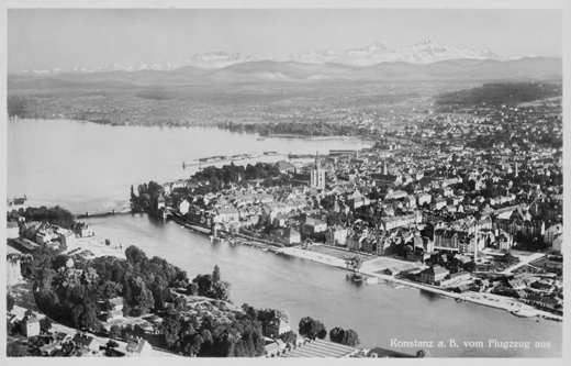 Postkarte Konstanz, rechts im Vordergrund das Gelände der heutigen Hochschule (1911)