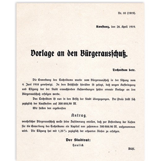 Antrag des Stadtrats zur Aufnahme eines Kredits nach Erwerb des Technikums durch die Stadt