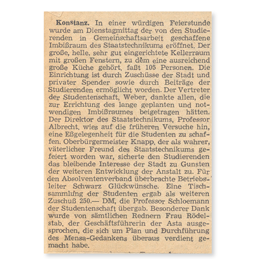 Zeitungsbericht, Eröffnung der Mensa des Staatstechnikums (1954), Quelle: Südkurier