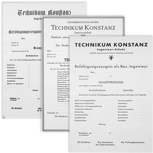 Zeugnis des Technikums Konstanz im Laufe der Jahre