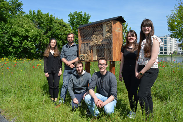 Eine sechsköpfige Gruppe Studierender steht links und rechts nebene einem Holz-Bienenhotel auf einer grünen Wiese.
