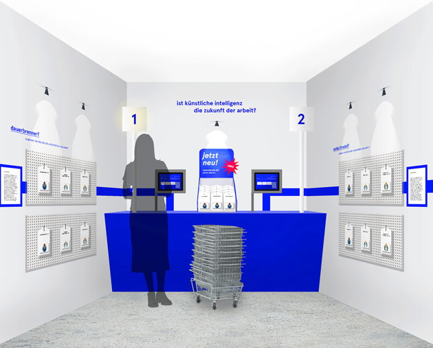 Die blau-weiße Darstellung zeigt eine Computeranimation eines Raumes mit einem blauen Ausstellungstisch an der gegenüberliegenden Wand und Ausstellungstafeln an den Seiten links und rechts.