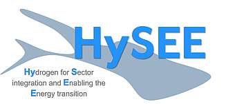 Das Logo zeigt den Bodensee in grau. Darüber steht in blauen Buchstaben HySEE sowie der Text Hydrogen for Sector Integration and Enabling the energy transition.