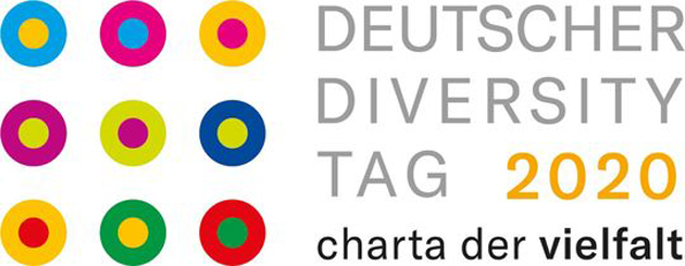 Ein Quadrat neun verschiedenfarbiger Punkte mit jeweils verschiedenfarbigen Punkten in der Mitte - das Logo des Deutschen Diversity Tags 2020