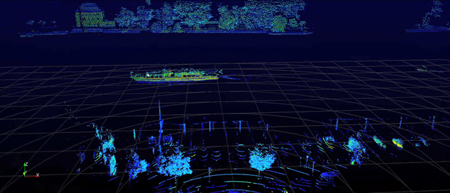 Aufnahme des Konstanzerr Seerheins von einem Lidar-Sensor: Zu sehen ist eine schwarze Fläche, von der sich blaue Flächen im Schiffs- sowie Baumform abheben.