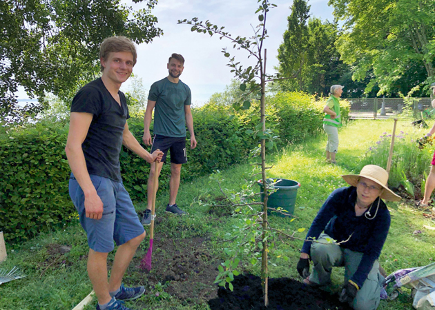 Blick auf eine Wiese. Eine Frau mit einem Strohhut kniet rechts neben einem frisch eingepflanzen Baum. Links stehen zwei Studenten mit Rechen. 