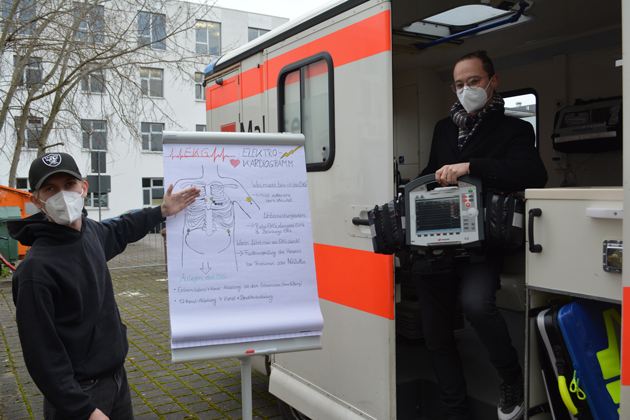 Ein Flipchart steht neben einem geöffneten Rettungstransprtwagen. Auf die erste Flipchartseite ist ein menschlicher Korpus gezeichnet. Links neben dem Flipchart steht ein junger Mann mit Maske, rechts steht in der offenen Tür des Rettungswagens ein junger Mann, der ein mobiles EKG-Gerät in der Hand hält.