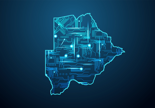 Blaue Landkarte von Botswana auf blauem Hintergrund. Anstatt Straßen sind symbolisch hellblau leuchtende Platinenverbindungen zu sehen. 