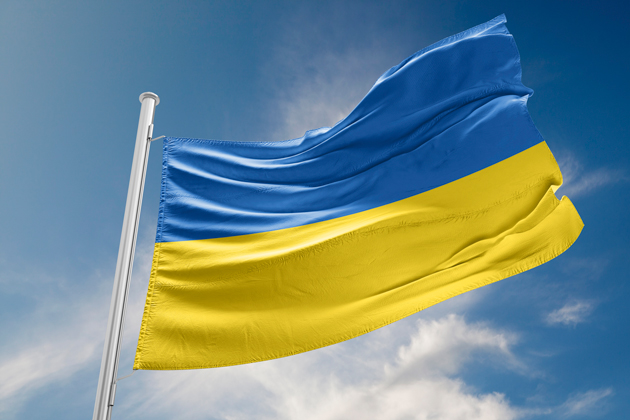 Eine Ukrainische Flagge weht an einem Fahnenmast.