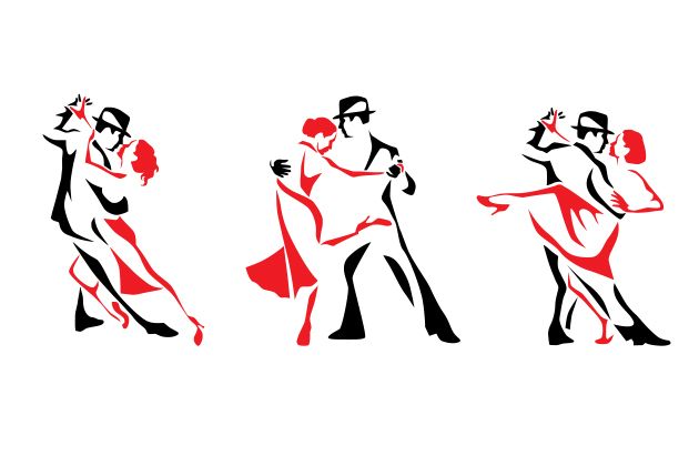Illustration auf weißem Hintergrund von drei Tango tanzenden Paaren.