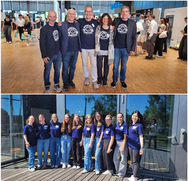 Eine Montage von zwei Gruppenfotos. Auf dem oberen Fotos sind Professoren und eine Mitarbeiterin der HTWG zu sehen, auf dem unteren Studentinnen