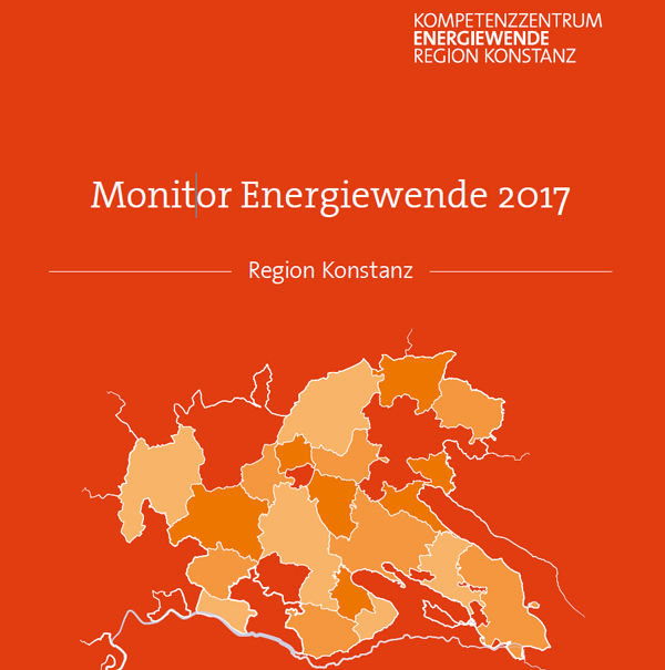 Ein Plakat mit dem Titel "Monitor Energiewende 2017": Es zeigt eine Karte desLandkreis Konstanz. Die einzelnen Orte sind in unterschiedlichen Orangetönen eingefärbt. 