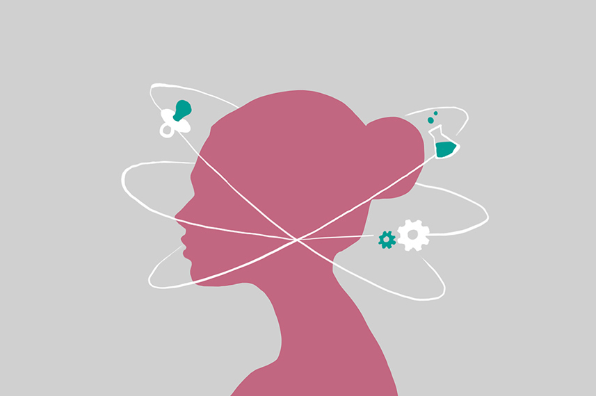 Auf der Illustration ist das Profil eines Frauenkopfs zu sehen. Um den Kopf kreisen wie auf Atome auf Ellipsen Schnuller.