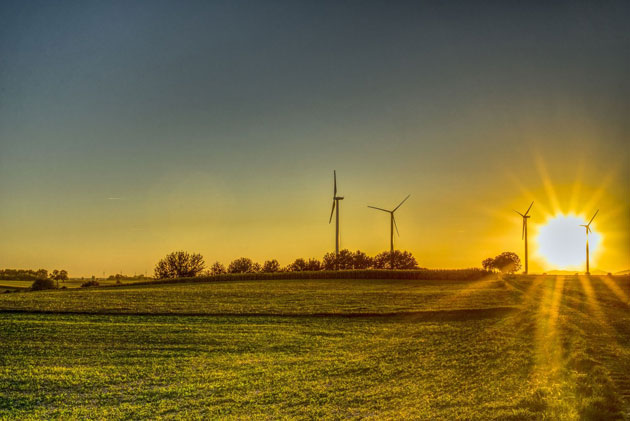 Hinter einer Wiese geht die Sonne unter. An ihrem Rand stehen Windräder.