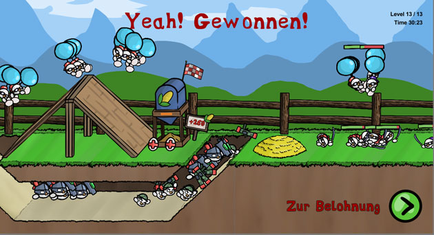 Die Illustration zeigt eine Szene des Spiels "Hungry Chicks". Darüber steht "Yeah! Gewonnen!", darunter "Belohnung"