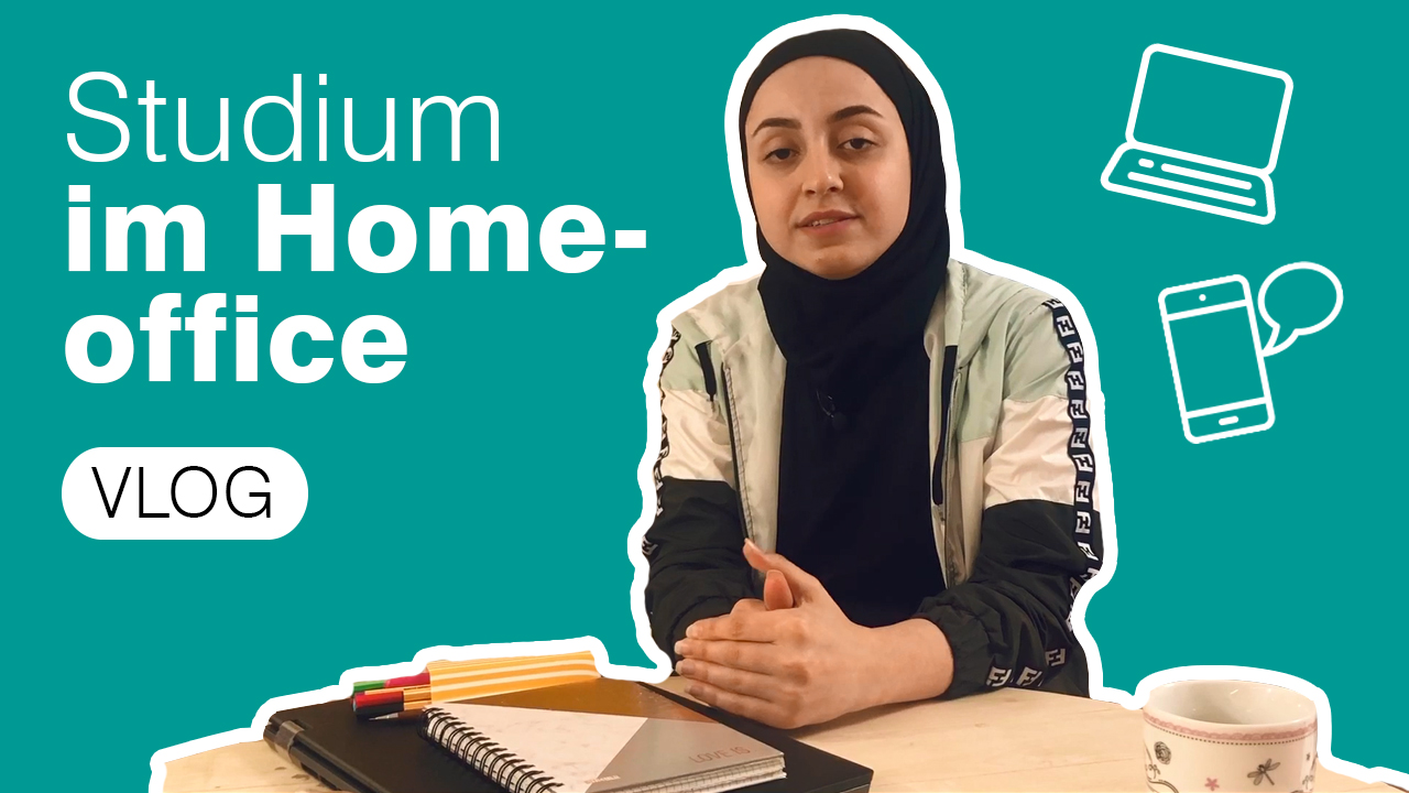 Ein Portrait der Ersti-Vloggerin Mysam Haj Ali vor grünem Hintergrund, auf dem der Text steht: Studium im Homeoffice