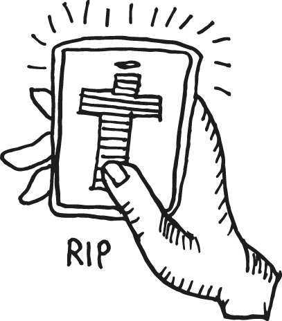 Die Illustration zeig eine rechte Hand, die ein Smartphone hält. Der Bildschirm zeigt ein Kreuz. 
