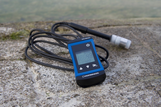 Ein schwarzes Kabel liegt auf Ufersteinen. Am einen Ende ist ein zirka 10 Zentimeter langes blaues Gerät mit einem dunklen Display, am anderen Ende ein Stäbchen mit einem Sensor.