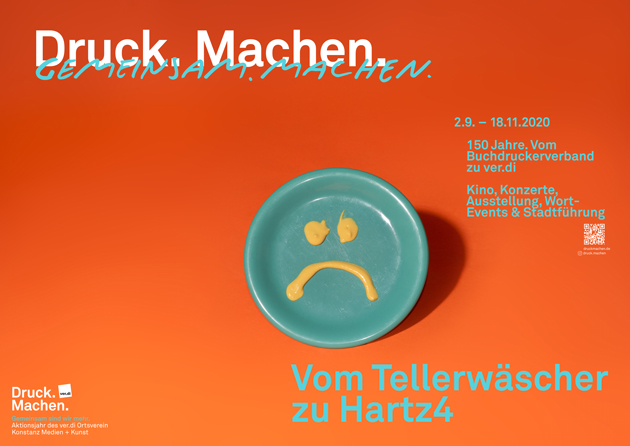 Die Illustration zeigt ein Kampagnen-Plakat mit einem blauen Teller auf rotem Hintergrund. Darunter steht: Vom Tellerwäscher zu Hartz vier. Darüber: Druck machen.