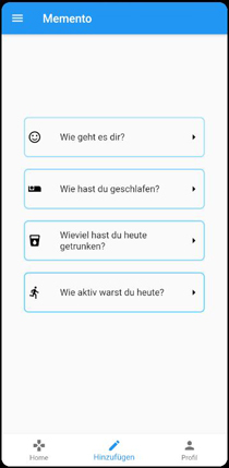 Screenshot der App Memento mit Fragen an den Nutzer zu seiner Stimmung und seinen Aktivitäten