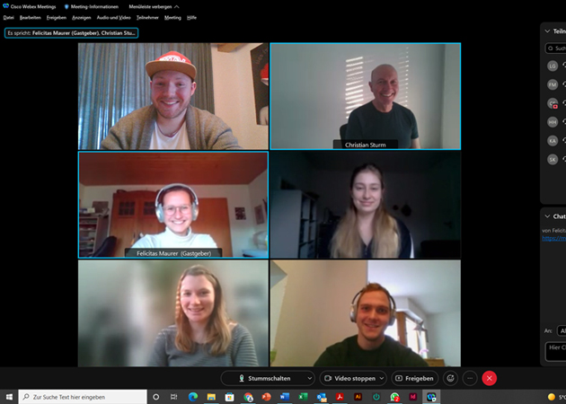 Screenshot einer Webkonferenz mit sechs Teilnehmern, die auf den Bildkacheln im Portrait zu sehen sind.
