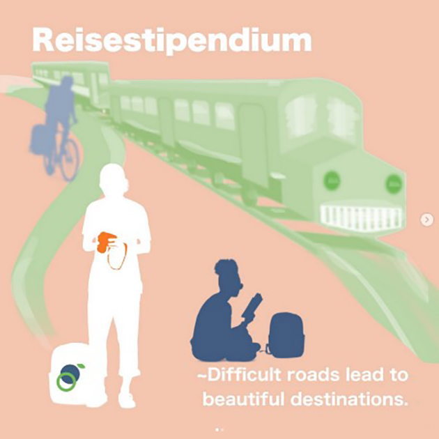 Das Bild zeigt eine Illustration mit einem Zug, einem Fahrrad und zwei Reisenden. 